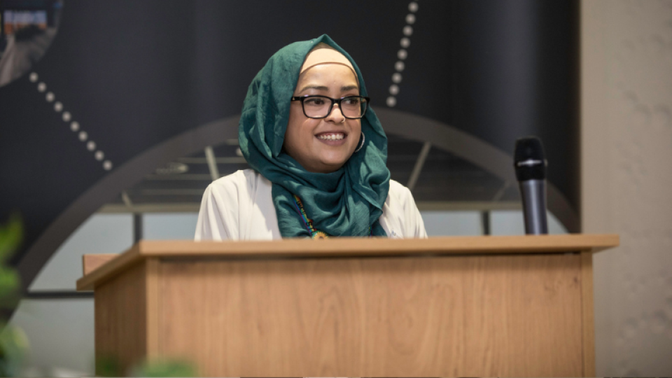 Nilu Khan, a Midwifery student at the University of West London, speaking at an event
