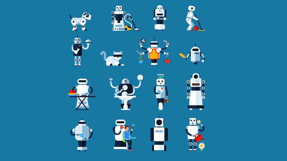 Graphic of robots performing various daily tasks