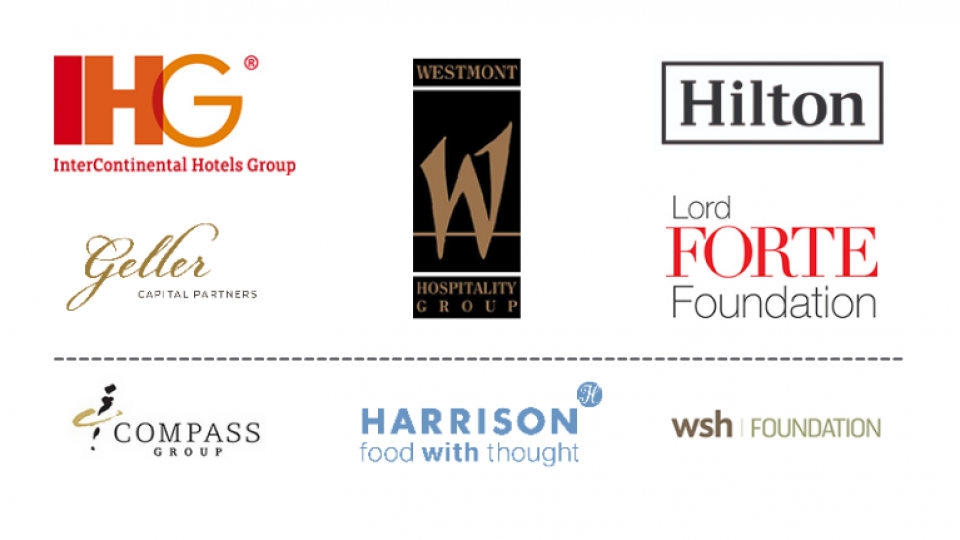 Logos of ICHARM supports, including Hilton, Harrison, WSH Foundation and more