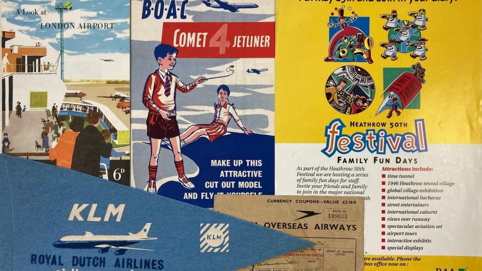 Decorative images relating to the Heathrow Archive, including KLM, British Overseas Airways and Heathrow 50th Festival snippets.