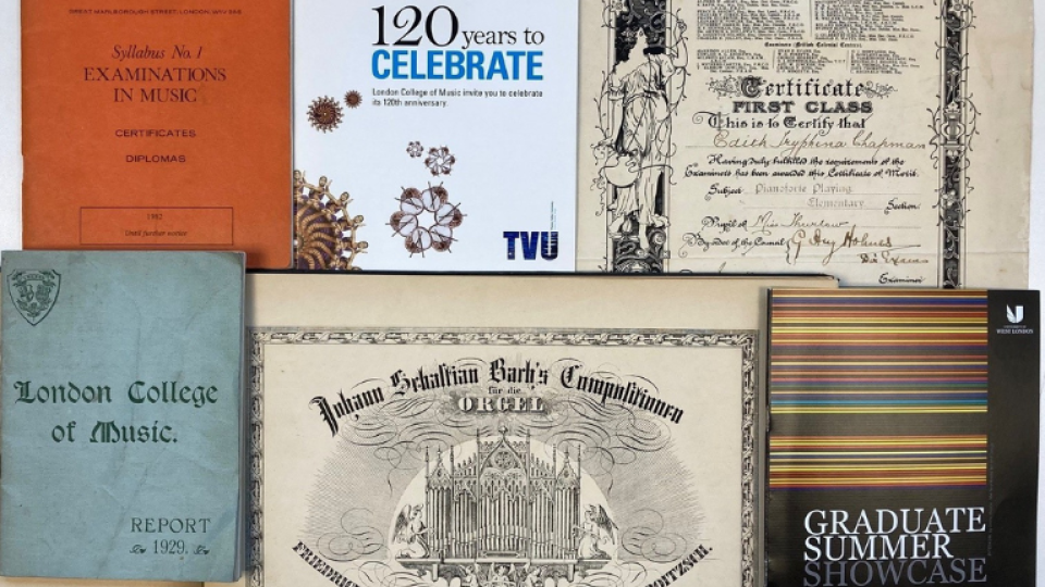 Decorative image: a collage of archived London College of Music materials, including First Class certificate, An old examination book, report and graduate summer showcase event listing.