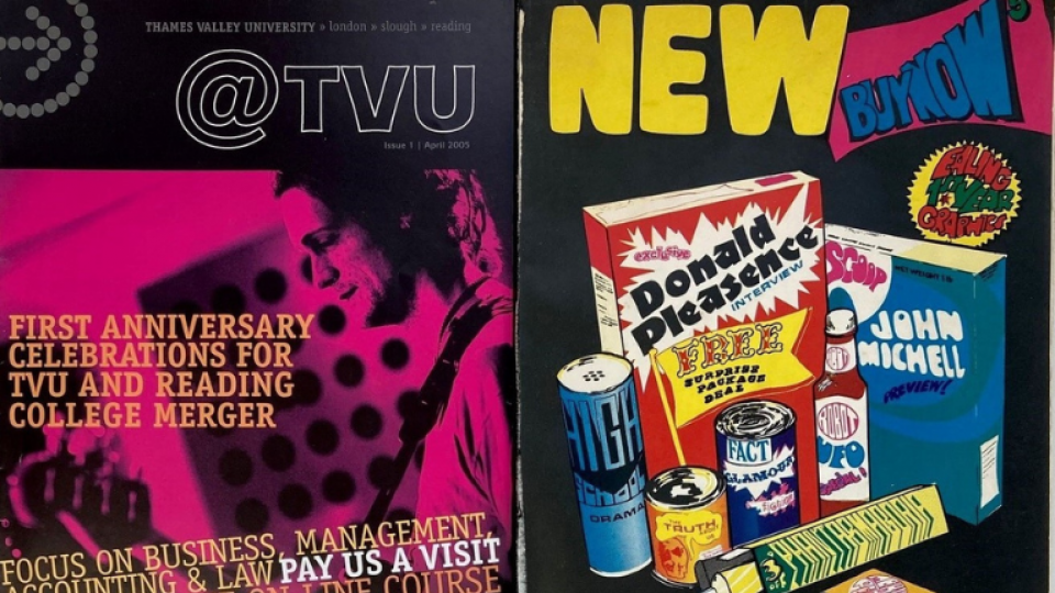 Decorative image: Posters of of Thames Valley University, highlighting the first anniversary celebrations for TVU and Reading college merger, next to an old poster advertising Ealing School of Art (1968) with a 1st year Graphic Design poster of cereal boxes and cans. 