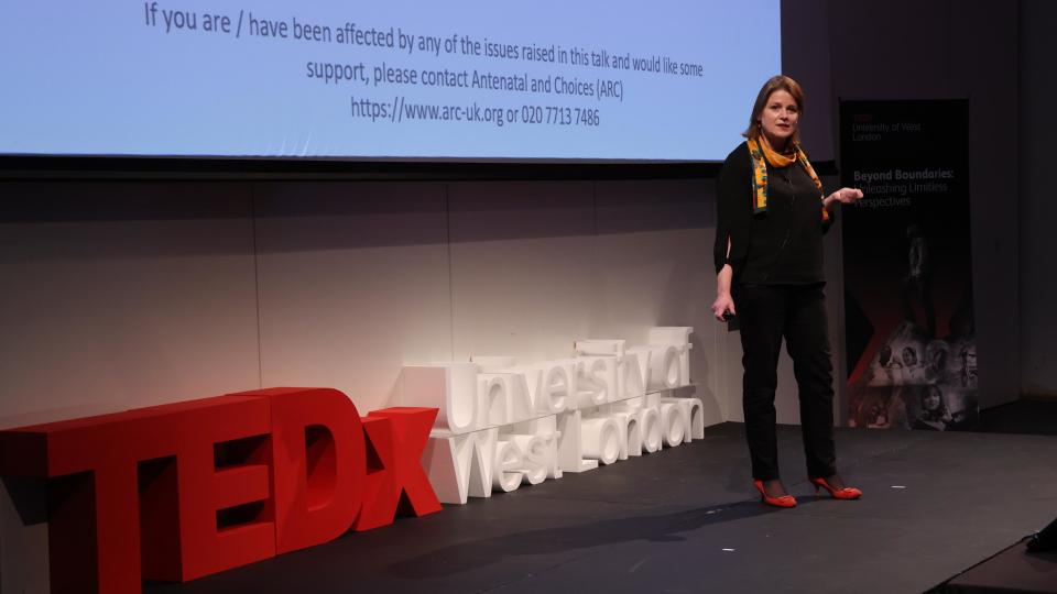Professor Caroline Lafarge speaking at a TEDx University of West London event