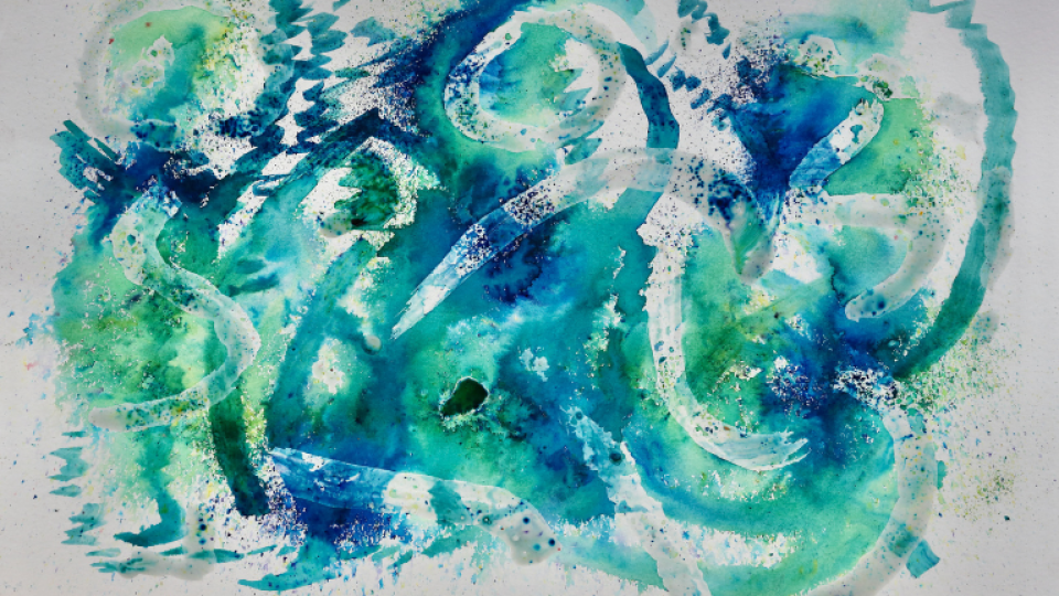 Artwork featuring green and blue paint swirls.