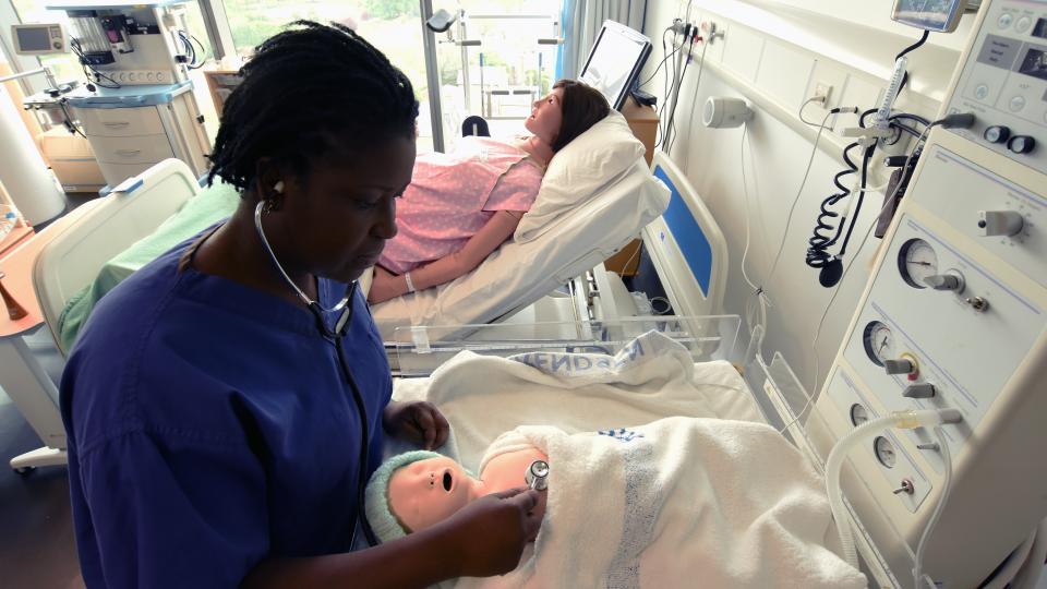 A midwifery student at one of the simulation centres at the University of West London
