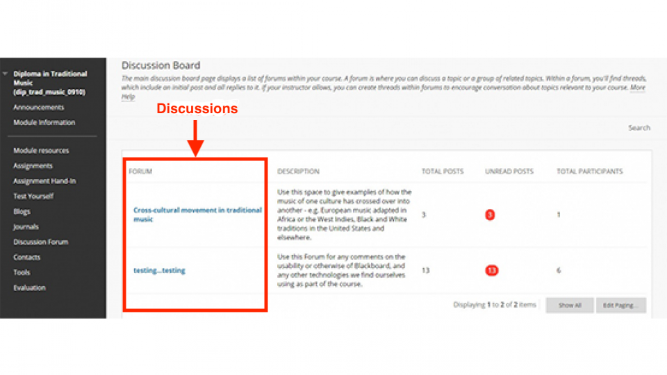A screenshot demonstrating how forums work on Blackboard.