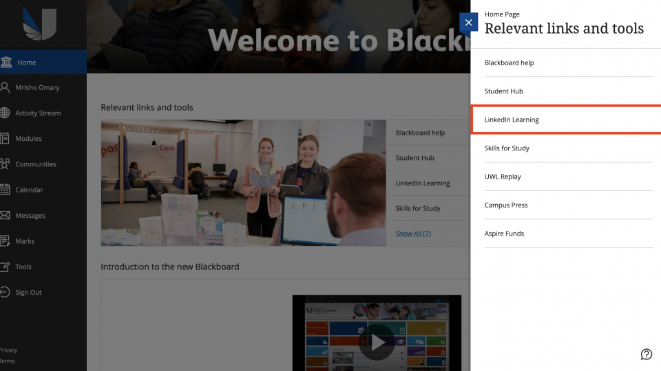 A screenshot showing how to access the LinkedIn learning tab, in the righthand menu of the Blackboard screen.