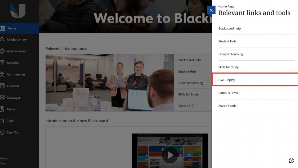 A screenshot showing how to access Replay in Blackboard, using the menu on the right-hand side of the screen