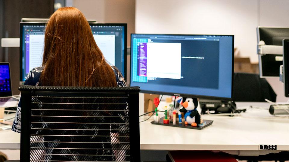 A student works at desk with two screens in front of her