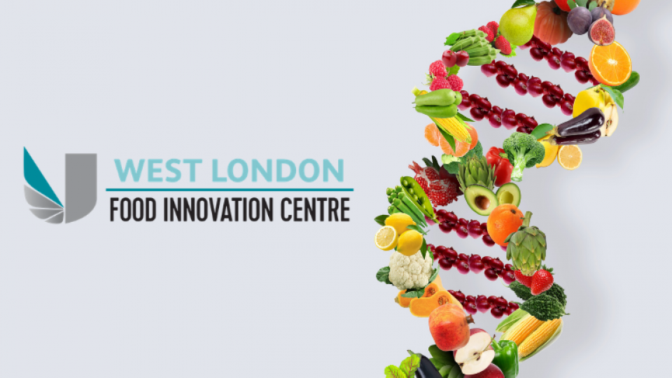 'West London Food Innovation Centre' next to a DNA strand made out of fruit and vegetables