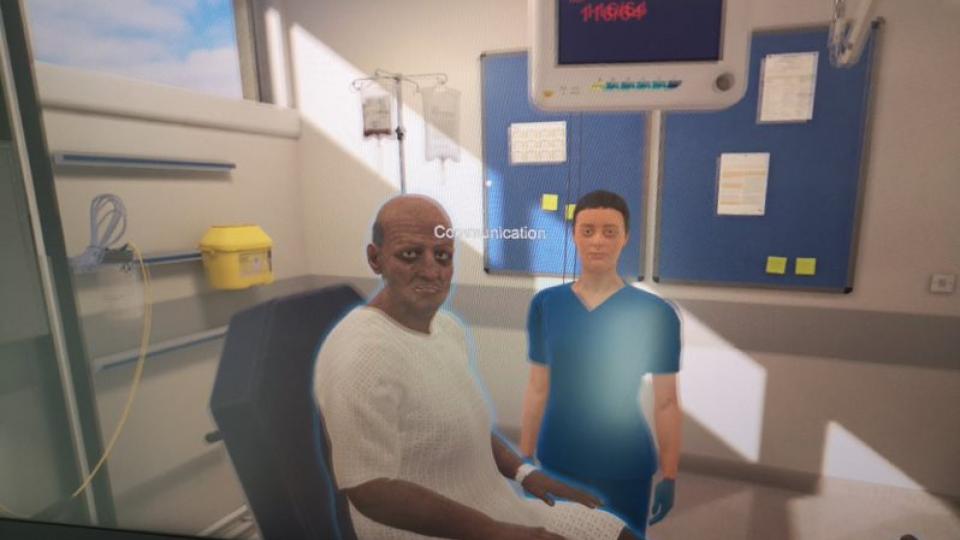 Virtual reality (VR) simulation of a patient in a hospital bed for nursing training at UWL