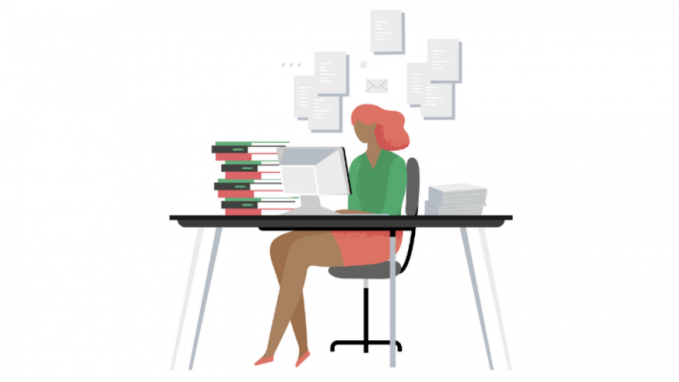 illustrated person sitting down with lots of books and documents around her.