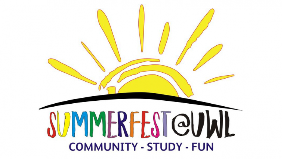 A digital illustration of the sun rising over text that says summerfest at UWL. The letters in summerfest are all in different colours.
