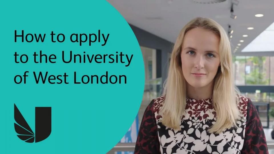 How to apply to the University of West London title on a blue circle. Woman with blonde hair and blue eyes is to the left and is featured throughout the video.