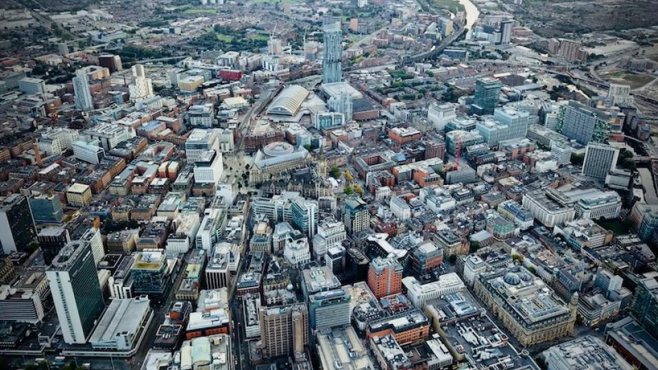 Buildings in a city centre from a birdseye view.