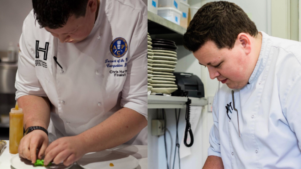 Chris Hurter is preparing food in the first photo, and looking down next to stacked dishes in the second photo. Chris is wearing white culinary clothing in both photos.