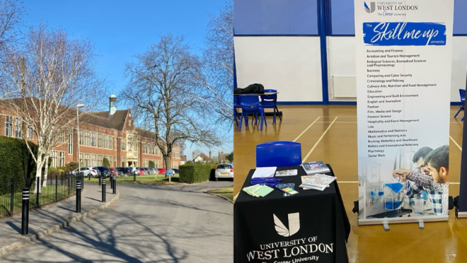 Photo 1: Exterior of Queen Elizabeth School surrounded by trees. Photo 2: UWL's Mathematics, Science and Technology Careers Convention stand.