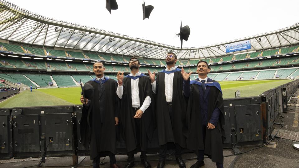 UWL 2023 graduates celebrating at the ceremony in Twickenham stadium