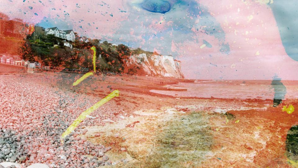Stefania Carli's photo shows a pebbled seafront with a red rusted image superimposed.