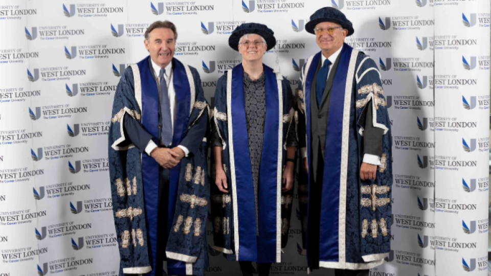 Jennifer Bernard standing with Sir Laurence Geller CBE and Professor Peter John CBE