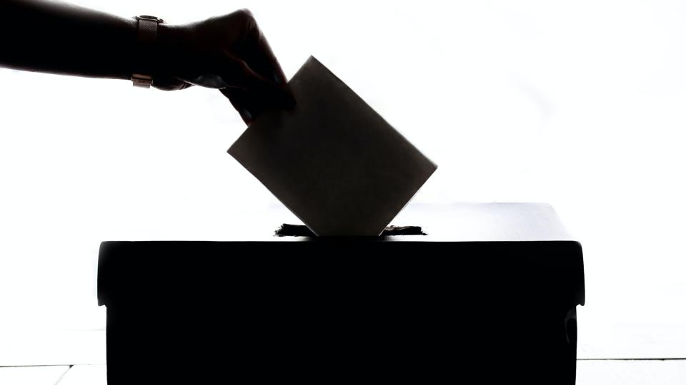 Silhouetted picture of a person putting a voting slip into a ballot box