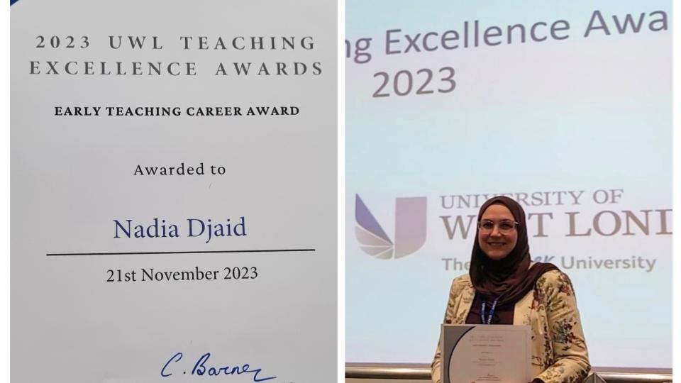 Nadia Djaid posing with her certificate at the UWL Teaching Excellence Awards 2023.