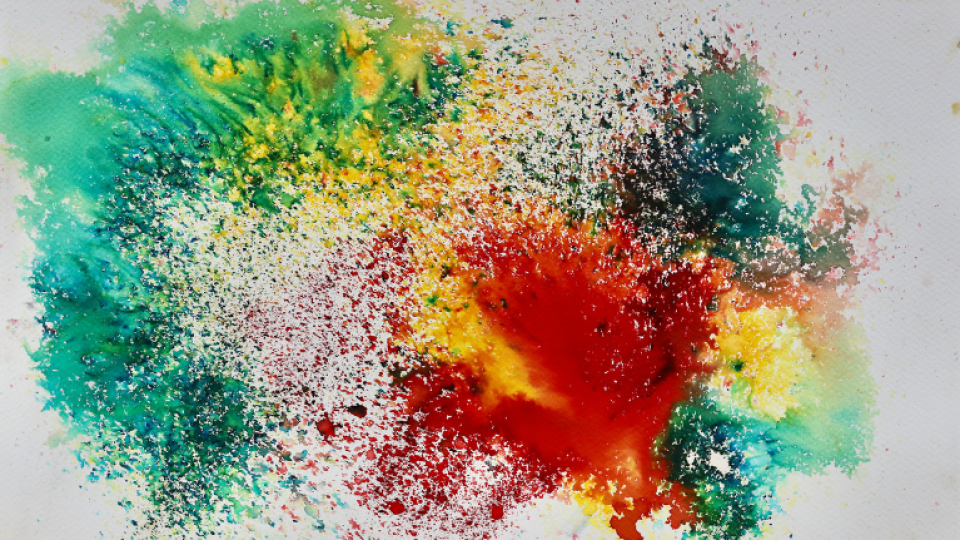 Artwork featuring red, yellow and green paint splodges