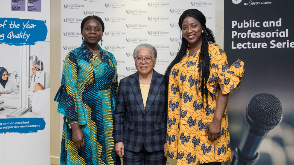 Dame Elizabeth Anionwu stood with Bernadine Idowu at the University of West London's International Women's Day conversation event
