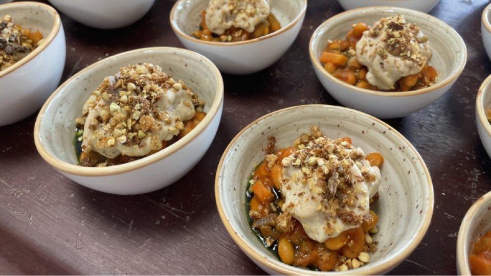 Bowls of beans, presented by student chefs at the University of West London