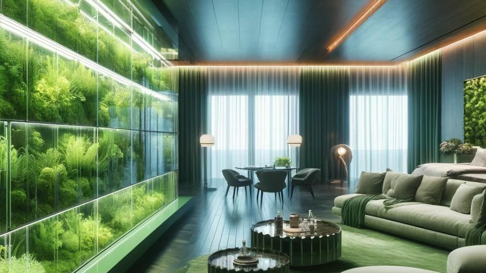 A hotel room integrating sustainable materials and natural feature walls