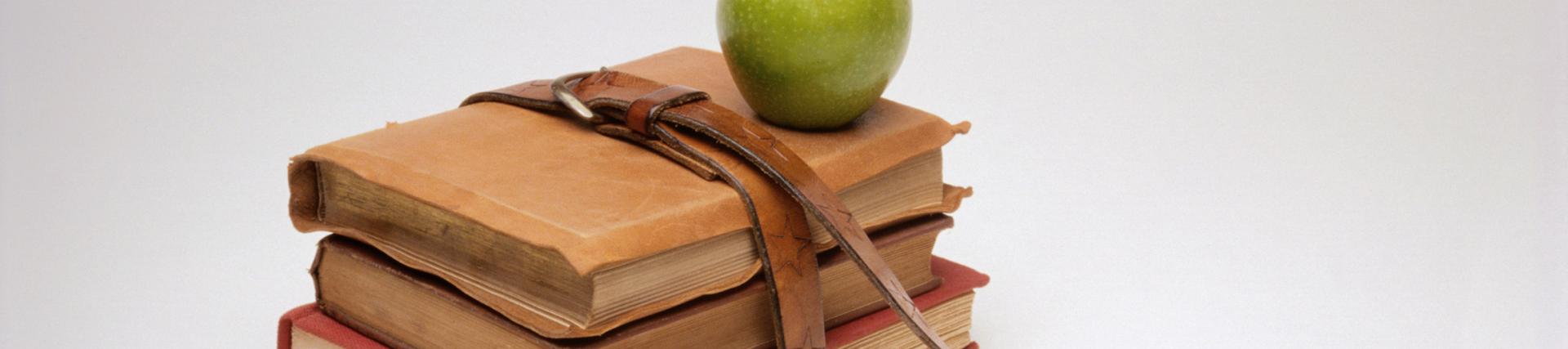 A green apple balanced on a stack of books