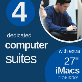 4 dedicated computer suites with extra 27" Apple iMacs in the library.