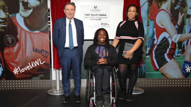 Paralympian Ade Adepitan and Professor Peter John, UWL Vice-Chancellor, opening the new sports centre at the University of West London