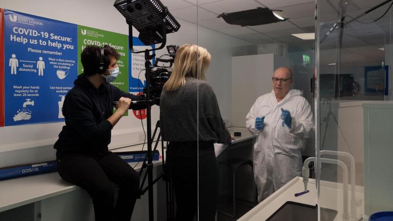 Filming Channel 5 documentary with UWL forensic sciences lecturer, Brian Hook, in science lab