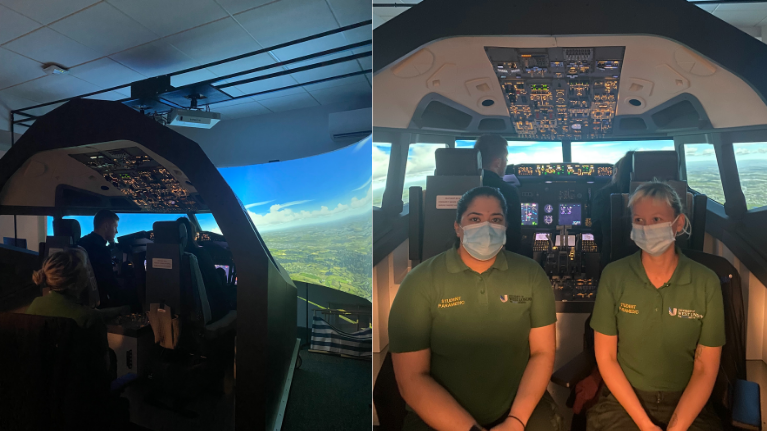 Two photos split across one image. The left shows two paramedic students in training on a flight simulator. The right image shows the students in the flight simulator facing the camera with surgical masks on.