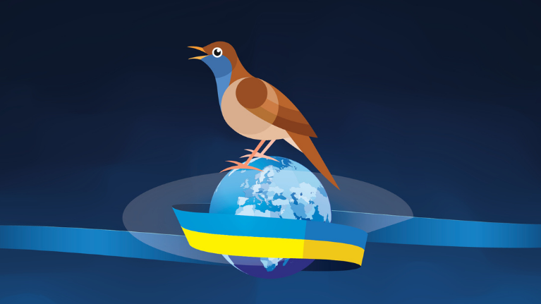 The logo of the event is of an animated bird (nightingale) perched on an image of the globe. A ribbon in blue and yellow, the colours of thte Ukrainian flag is wrapped around the earth. 