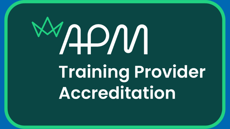 Logo of white text in a dark green rectangle with a light green border. Text says APM Training Provider Accreditation.