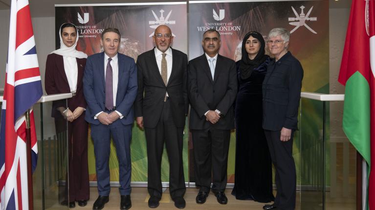 Minister Plenipotentiary Arwa Al-Bulushi, Vice Chancellor Professor Peter John CBE, Cabinet Minister The Rt. Hon. Nadhim Zahawi MP, Ambassador of the Sultanate of Oman to the UK His Excellency Bader Mohammed Bader Al Mantheri, Senior Lecturer at Claude Littner Business School Dr Malak Hamdan, Chair of Board of Governors Jennifer Bernard