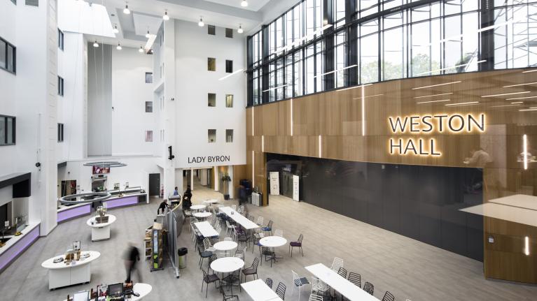 UWL campus showing Weston Hall, Lady Byron and Heartspace eating area.