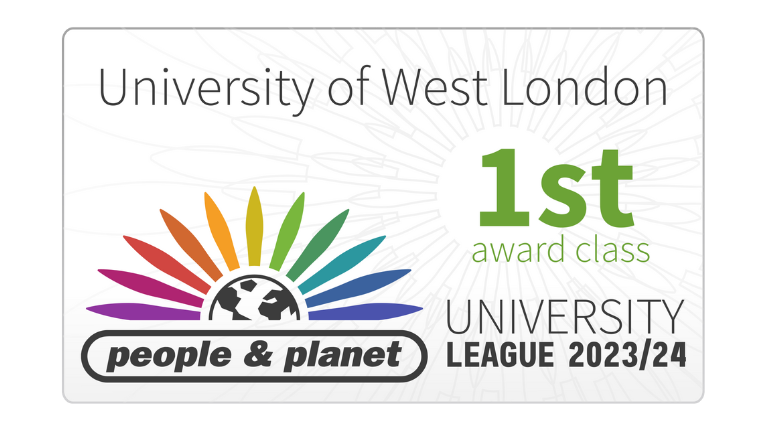 Badge showing the University of West London's 1st class award in the People & Planet University League 2023/24