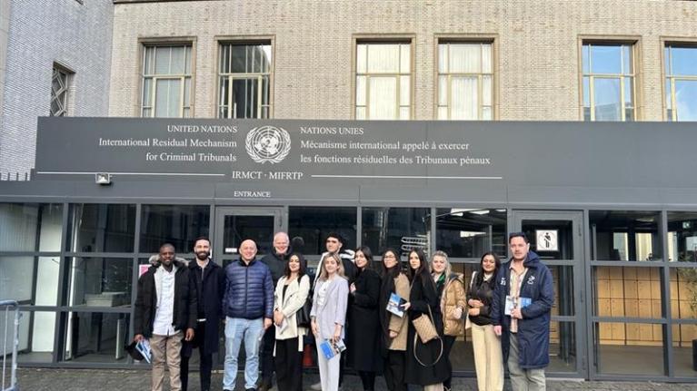 Students from the University of West London's School of Law standing outside the United Nations building in The Hague