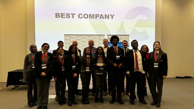 Winners posing at the Company of the Year event hosted by Young Enterprise at the University of West London's Business School
